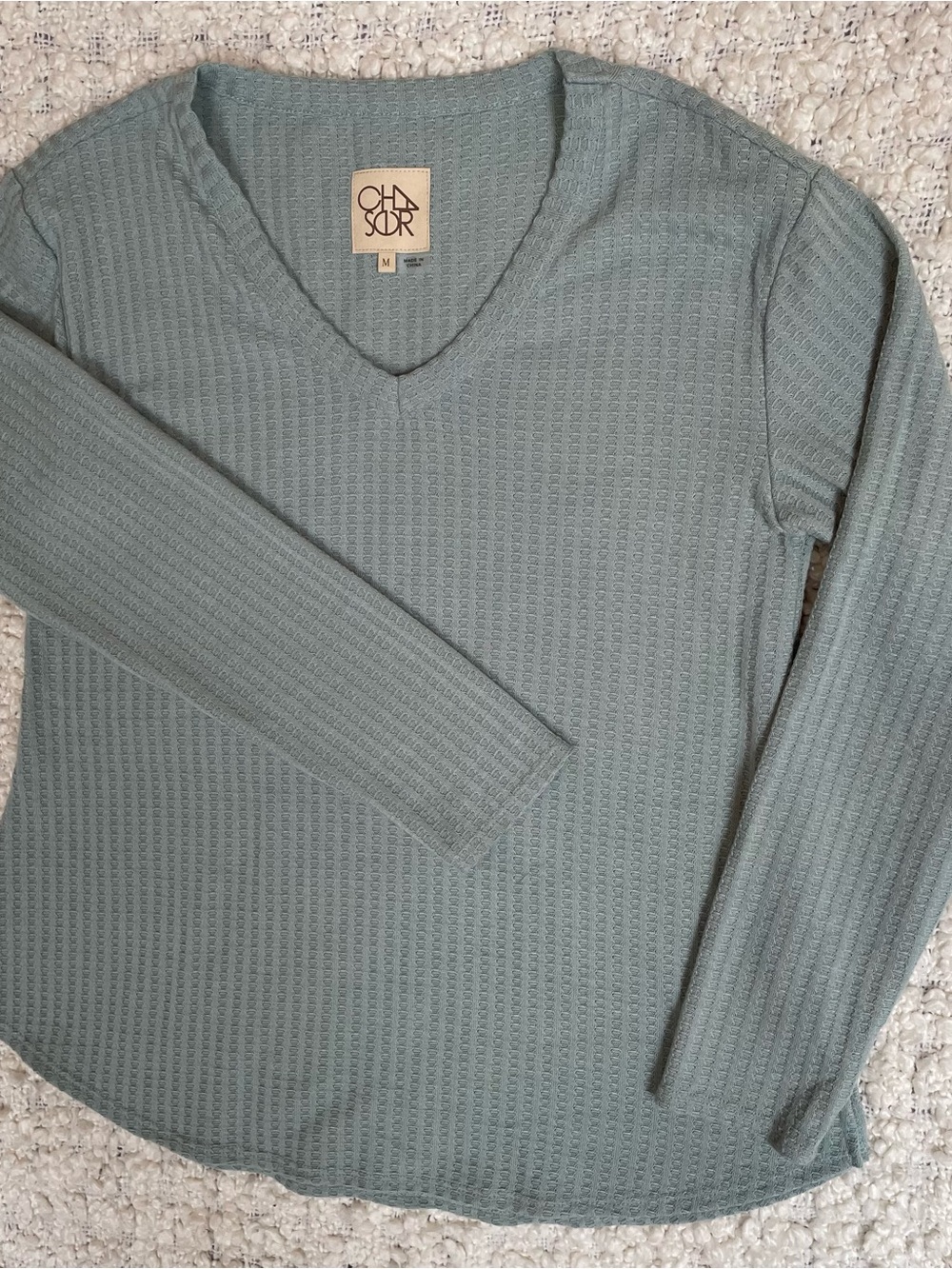 Chaser Sage Green Waffle V-Neck Long Sleeve Top Women’s Size M